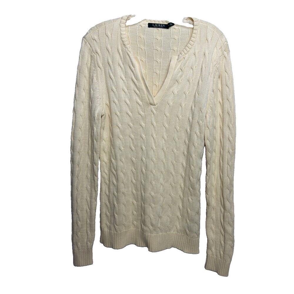 Lauren Ralph Lauren Women's Cable-knit Cotton Sweater V-neck beige/cream size L